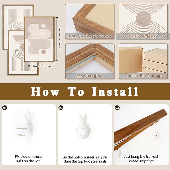 Anyzal Large Neutral Abstract Artwork Modern Minimalist Wall Art Boho Geometric Artwork for Living Room Bedroom Office 24x36 Inch Set of 3