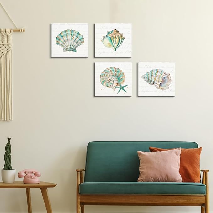 4 Pcs Seashells Starfish Wall Art, 7.9x7.9in Beach Framed Art Paintings Wall Decor Ocean Inspired Seaside Ocean Inspired for Living Room Bathroom Beach House Home Kitchen Decor