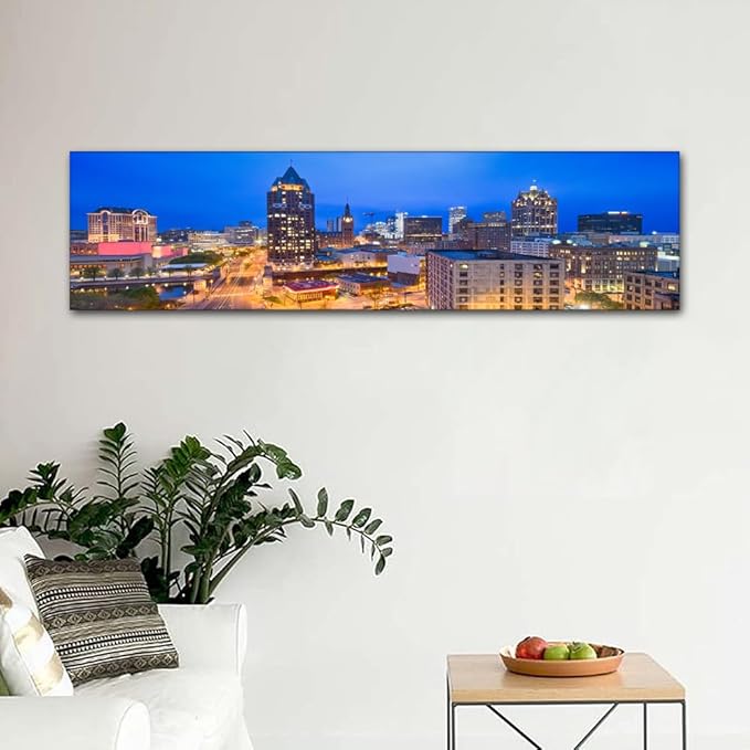 Native American Decor Skyline of Downtown Milwaukee Wall Art Cityscape Pictures Wisconsin, USA Panoramic Paintings Canvas City Skyline at Dusk Artwork Home Decor Framed Ready to Hang 12x46 Inch