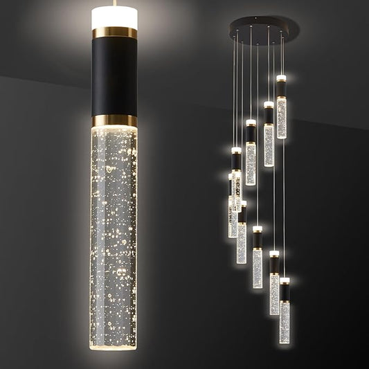 9-Lights Led Chandelier, Black and Gold Crystal Modern Led Chandelier for Dining Room, Luxury Dimmable Enterway Led Pendant Lights Fixture with Remote Control Flush Mount