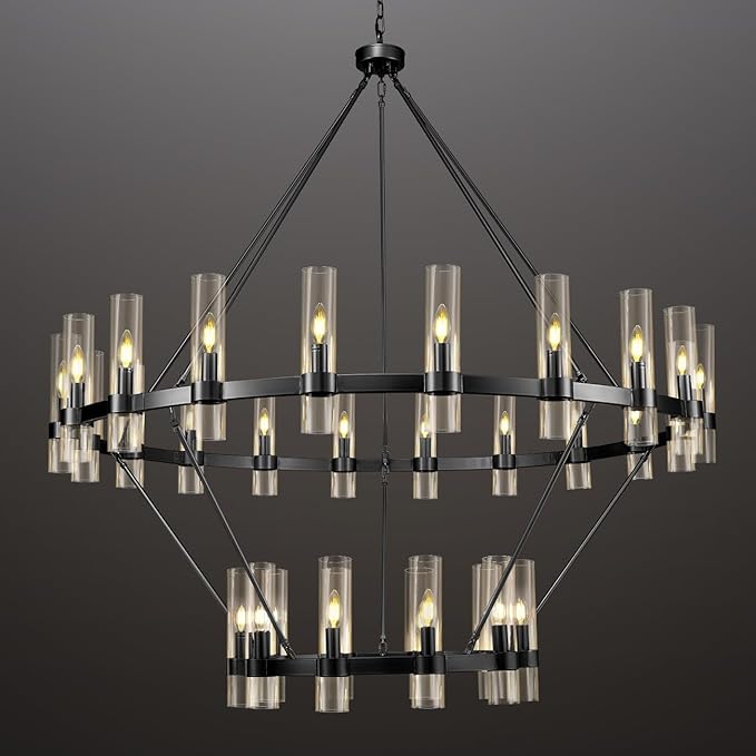 Black Wagon Wheel Chandelier 2 Tier, 60 Inch Chandeliers with Glass Shade, 30-Light Large Chandelier for High Ceiling, Modern Farmhouse Chandeliers for Living Room, Dining Room, Entryway and Staircase