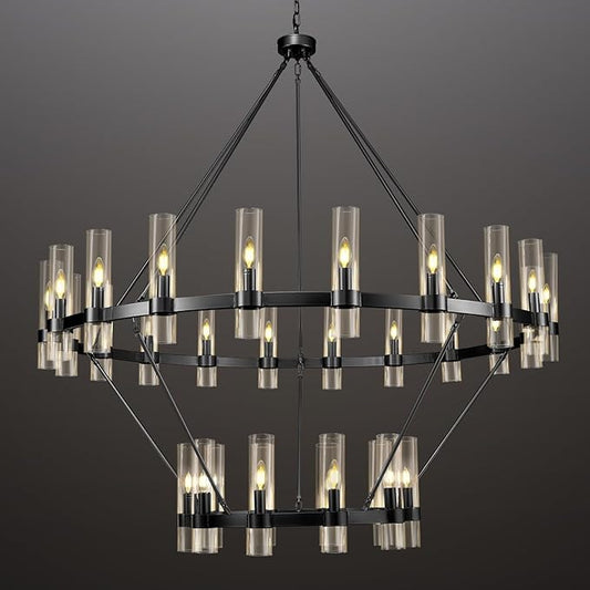 Black Wagon Wheel Chandelier 2 Tier, 60 Inch Chandeliers with Glass Shade, 30-Light Large Chandelier for High Ceiling, Modern Farmhouse Chandeliers for Living Room, Dining Room, Entryway and Staircase