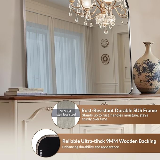 ANDY STAR Arched Mantel Large Wall Mirror, 30x36 Brushed Nickel Stainless Steel Framed Arch Mirror Wall-Mounted for Wall Decor Living Room, Bathroom, Bedroom, Entryway & Fireplace Mantel