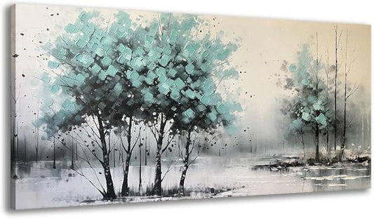 BYXART Abstract Blue Tree Wall Art Indigo Picture Forest Canvas Nature Painting for Home Decor Landscape Print Artwork Modern Textured Wrapped Artwork for Bathroom Living Room Bedroom Office 40L x20W