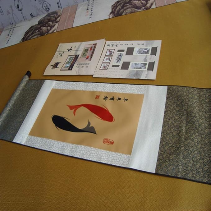 AtfArt Asian Wall Decor Beautiful Silk Scroll Painting - Ancient Pisces Double Fish Oriental Chinese Art Wall Hanging (39 x 12 in)