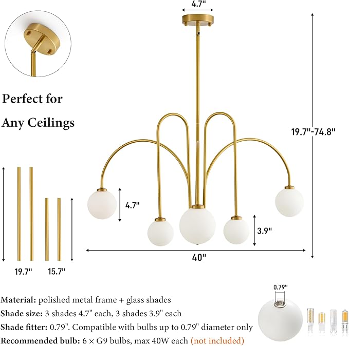 Mid Century Modern Sputnik Chandelier: 6-Light Globe Gold Chandeliers for Living Room - 40" White Glass Ball Dining Room Light Fixture - Large Pendant Lights for Kitchen High Ceiling Foyer Entryway