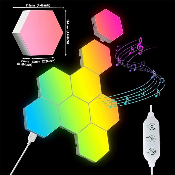 6 Pack Hexagon LED Wall Light Panels: Smart RGB Color-Changing Hexagon Lights with App & Remote Control, Music Sync Mode, Customizable DIY Wall Decor for Bedroom, Gaming Room, Home Theater