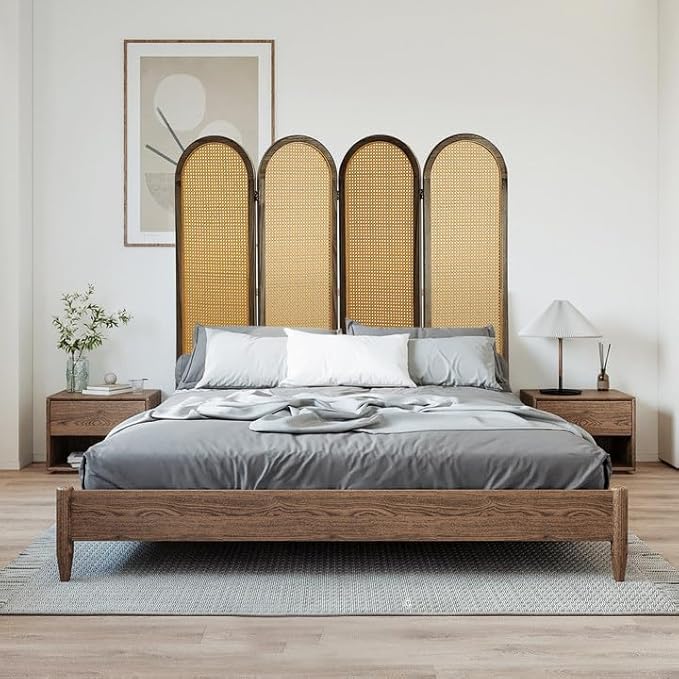 4 Panel Rattan Room Divier, Room Divider Panel and Folding Privacy Screens, Room Divider Wall, Solid Wood Frame, Partition Room Dividers, Bedroom, Dining Room, Lounge, Dark Brown