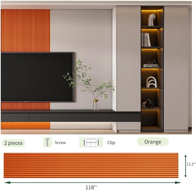 2PCS 3D Acoustic Slat Wall Panels Circle Design Fluted Textured Panel for Interior Wall Decor 118"x6" (Orange)