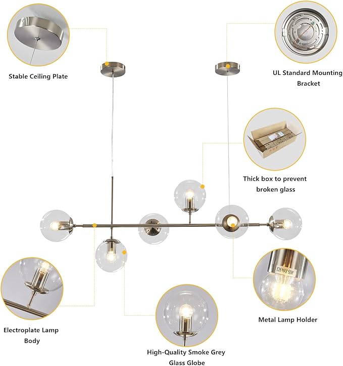 KCO Lighting 6 Light Bubble Glass Pendant Light Mid Century Modern Globe Sputnik Chandelier Linear Chandelier Lighting Brushed Nickel Hanging Light Fixture for Kitchen Island Dining Room