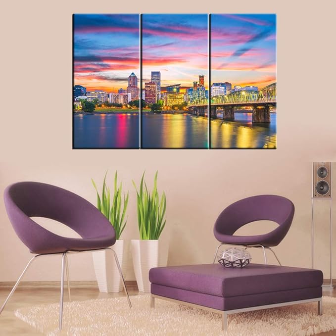 3 Pieces Wall Art Painting Portland, Oregon Skyline Prints On Canvas the Picture City Pictures Oil for Home Modern Decoration Print Decor for Living Room with Framed Ready to Hang - 28 inch x 14 inch