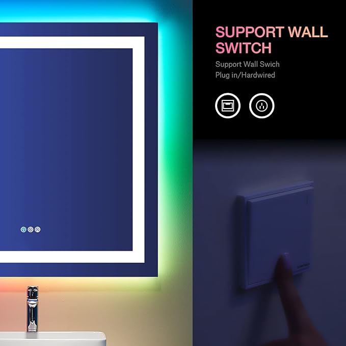 LOAAO 32"X32" LED Bathroom Mirror with Lights, Anti-Fog, Dimmable, RGB Backlit + Front Lighted, Bathroom Vanity Mirror for Wall, Memory Function, Waterproof, Tempered Glass