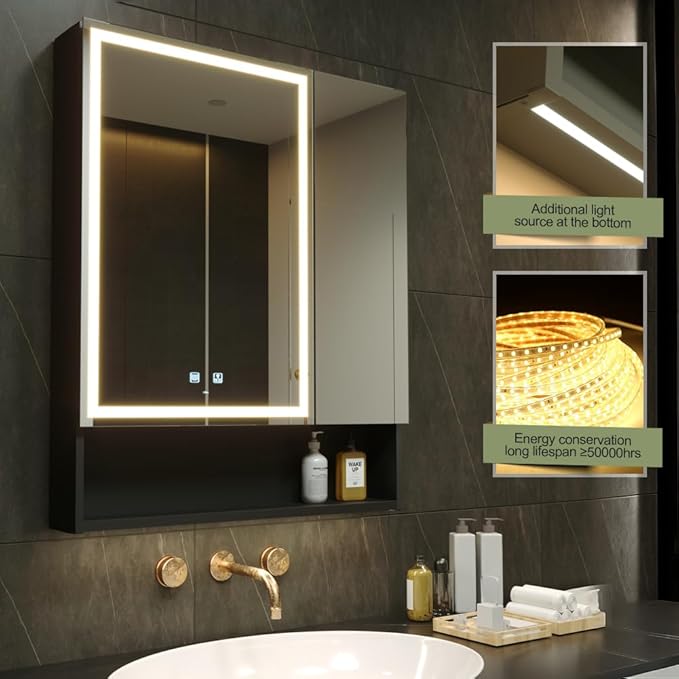 KWW LED Lighted Bathroom Medicine Cabinet with Sockets & USBs, Defogger, Dimmable, 3 Color Light Makeup Mirror, Easy to Install, Wall Mounted Cabinet (Two-Door, 30 * 34)