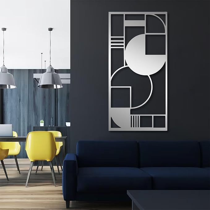 Metal Geometric Wall Art, Modern Abstract Geometric Metal Wall Hanging Decor Art for Living Room Bedroom Office Home Decor (Silver, 35 x 17 in | 90 x 44cm)