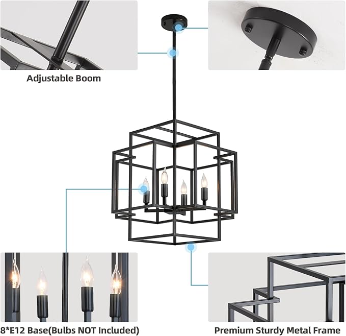 4-Light Farmhouse Chandelier, Industrial Ceiling Foyer Lighting Fixtures Black Lantern Pendant Light, for Dining Room Kitchen Island Entryway Staircase