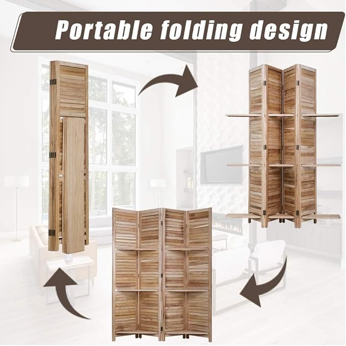4 Panel Room Divider Folding Privacy Wooden Screen with Three Clever Shelf Portable Partition Wood Divider for Home Office, Natural