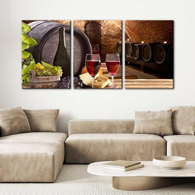 Kitchen Wall Art Red Wine Cellar Pictures Wooden Barrel and Fruit Grape Painting for Living Room 3 Panel Canvas Artwork House Modern Decor Giclee Posters Prints Framed Ready to Hang - 20"x28"x3