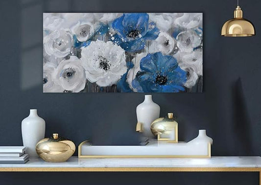 Mofutinpo Large Flower Painting Wall Art, 24x48, Modern Home Decor, Living Room Wall Decorations, White Blue Flower Prints Artwork, Waterproof UV Resistant Canvas, Wall Art for Bedroom