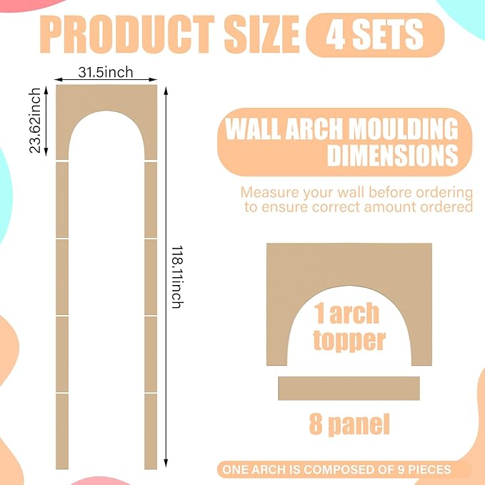 Nuanchu 4 Set Arch MDF Wall Molding Kit 118 x 31.5 Inch Pre-Cut Arch Wainscoting Panel Board and Batten Wall Panel Decor Paintable Accent Kit for DIY Home Bedroom Living Room Decor