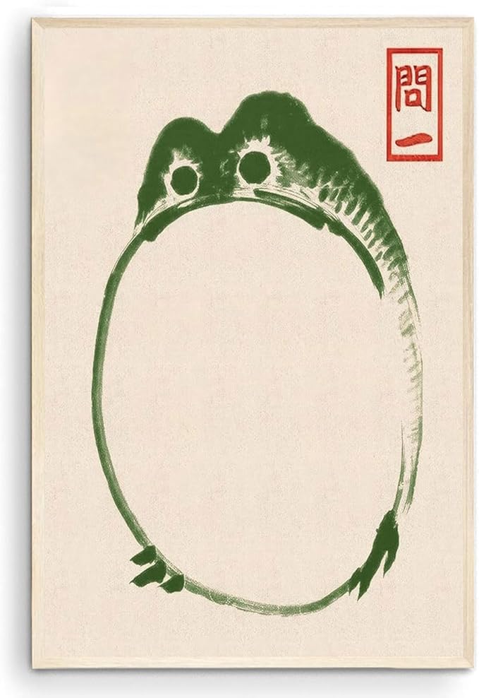 OZCONO Japanese Frog Art Print, Traditional Minimalist Green Ink Unframed Wall Art (18L x 12W)