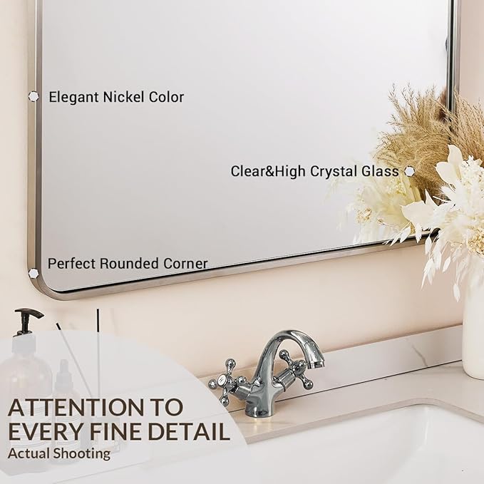 ANDY STAR 40x32 Inch Brushed Nickel Bathroom Mirror, Rounded Rectangle Bathroom Vanity Mirrors for Wall, Anti-Rust SUS304, Seamless Tube Metal Frame, 1’’ Deep Wall Mounted Vertically/Horizontal