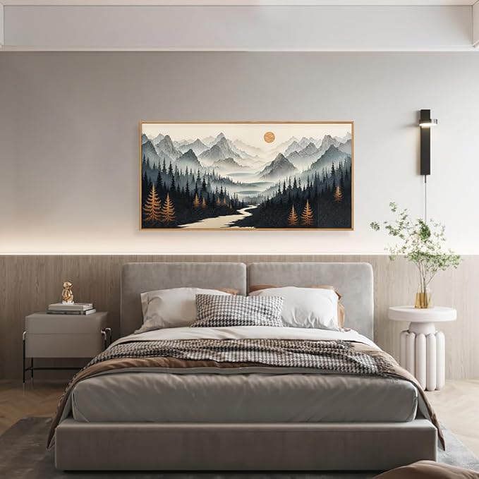 Ausril Watercolor Misty Forest Framed Canvas Wall Art Set, Foggy Mountain Wall Decor, Misty Pine Tree Wall Painting, Large Nature Landscape Art Prints for Living Room, Bedroom, Office - 20"X40"