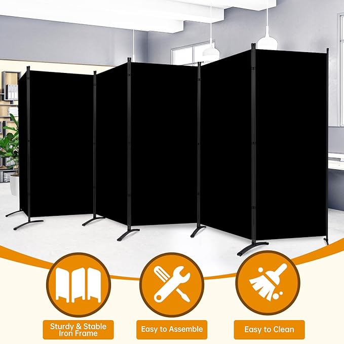 6 Panel Folding Privacy Screens, 6 FT Tall Wall Divider with Metal Frame, Freestanding Room Divider for Office Bedroom Study (6 Panel, Black)