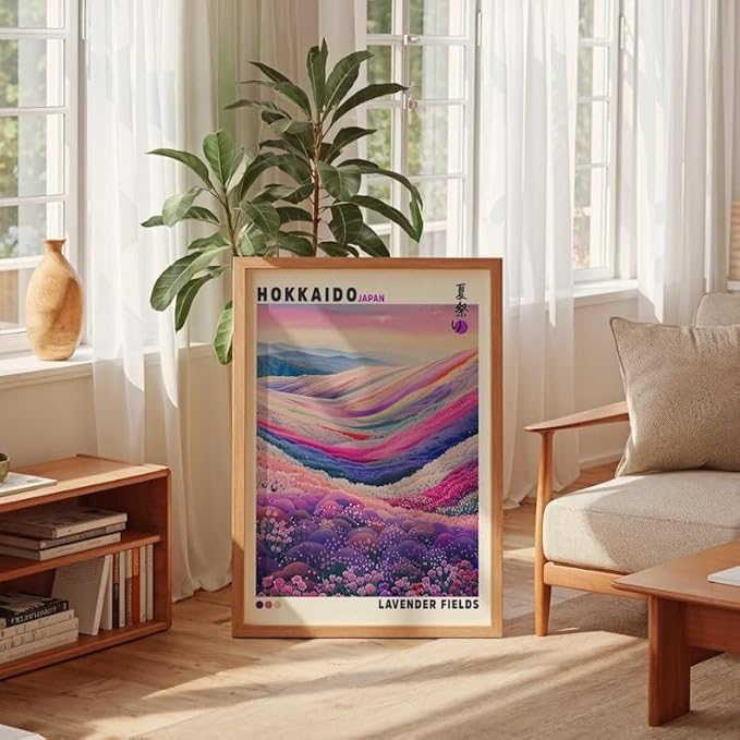 Nationcog Hokkaido Lavender Fields Poster, Japanese Wall Art Print, Colorful Landscape Artwork, Japandi Asian Style Home Decor for Bedroom, Living Room or Modern Interior (Unframed) (27x40)