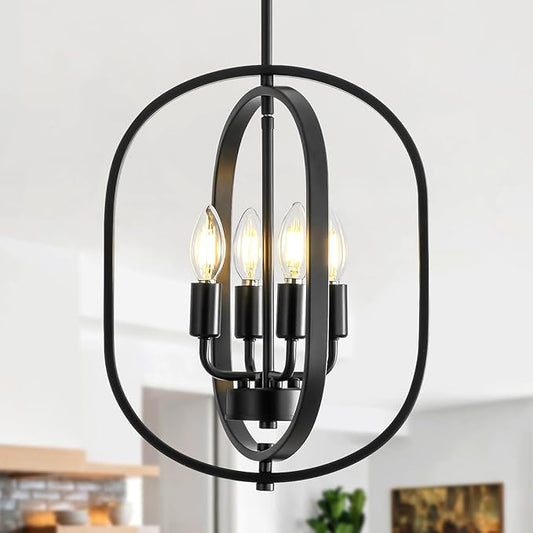 12.2" Modern Farmhouse Black Small Chandelier, 4 Light Adjustable Geometric Hanging Light Fixture for Foyer, Entryway, Hallway, Kitchen