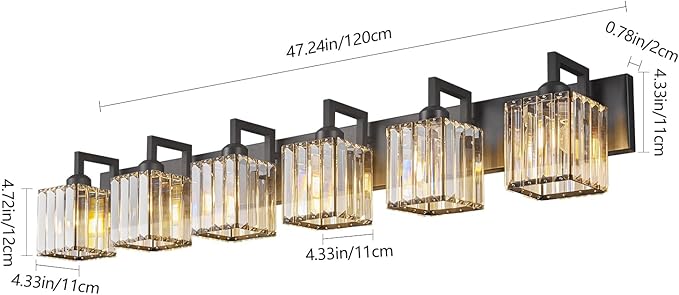 Black Bathroom Light Fixture, 6-Light Crystal Vanity Lighting, Bathroom Lighting Fixtures Over Mirror, Modern Crystal Wall Lamp