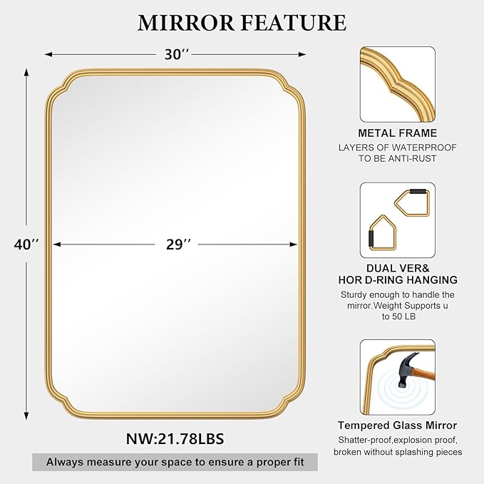 30" x 40"Gold Bathroom Mirror for Over Sink, Modern Rounded Corner Rectangle Wall Mirror for Bathroom Vanity Decorative with Non-Rusting Iron Metal Framed (Horizontal/Vertical)