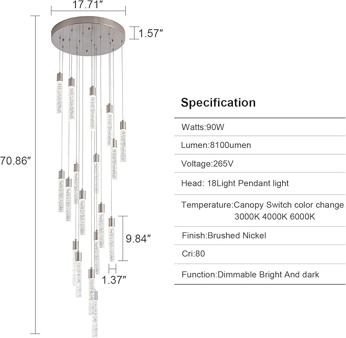 Brushed Nickel 18 Lights Large Foyer Chandeliers for High Ceilings 70 feet Long Spiral Stair Pendant Chandelier Crystal Ceiling Light Fixtures Dimmable 3000k-4000k-6000k