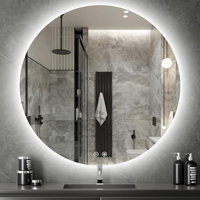 28 Inch Round LED Bathroom Mirror - 6000K Daylight Backlit, Anti-Fog & Dimmable, Frameless Waterproof Mirror with Touch Control, CRI90+, IP54 for Vanity & Makeup