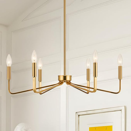 Jonsi Gold Chandelier - 26" Modern Brushed Brass Chandelier Light Fixture 6 Light Industrial Candle Lighting Hanging Ceiling for Living Dining Room, Kitchen Island