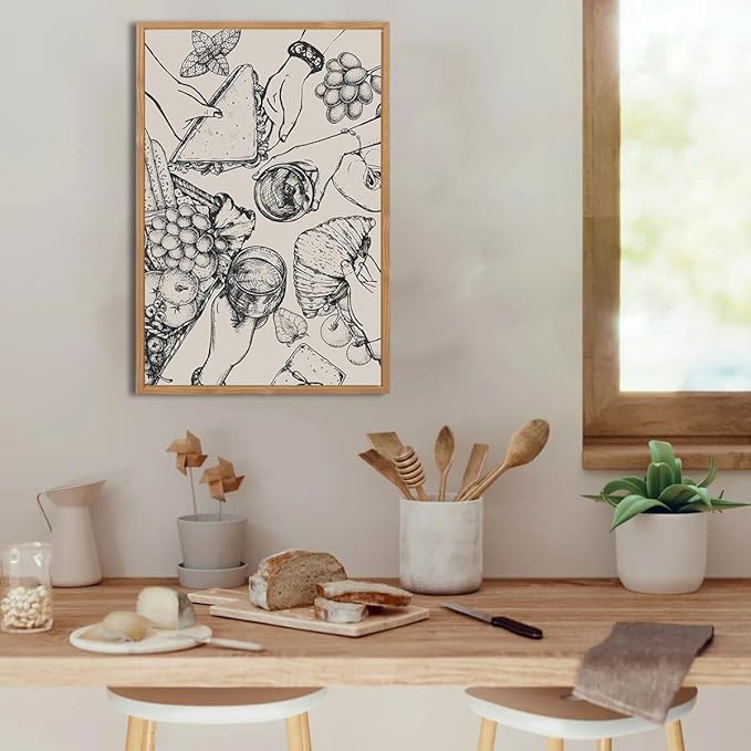 BINCUE Framed Food Wood Wall Art Set of Three Modern Cheers Kitchen Wall Decor Abstract Friends Party Art Print for Kitchen Dining Room Living Room 16x24 Inch