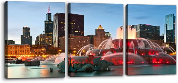 Pacimo Canvas Wall Art for Bedroom - Buckingham Fountain Painting Prints Chicago Cityscape Wall Decor Skyline Modern Artwork Home Decor Stretched and Framed Ready to Hang - 12"x16"x3 Panels
