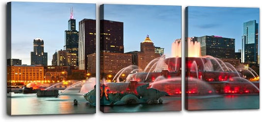 Pacimo Canvas Wall Art for Bedroom - Buckingham Fountain Painting Prints Chicago Cityscape Wall Decor Skyline Modern Artwork Home Decor Stretched and Framed Ready to Hang - 12"x16"x3 Panels