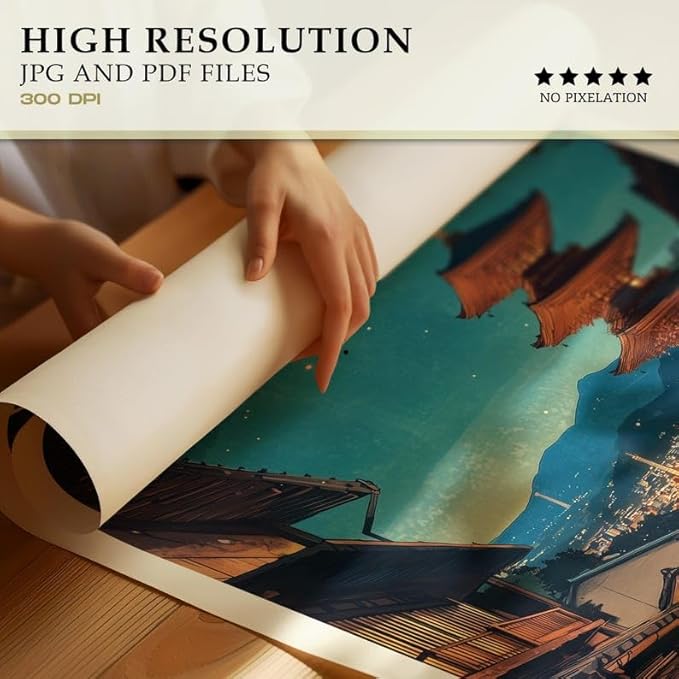 Nationcog Kyoto Japan Poster, Hokan-ji Temple Pagoda Wall Art Print, Vintage Japanese Night Street Landscape, Japandi Style Travel Decor for Bedroom or Living Room (Unframed) (9x11)