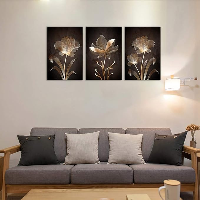 arteWOODS Abstract Wall Art Golden Flowers Canvas Pictures Contemporary Minimalism Abstract Artwork for Bedroom Bathroom Living Room Wall Decor 16" x 24" x 3 Pieces
