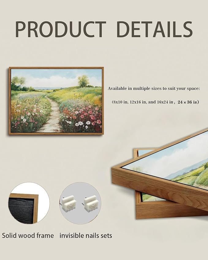 KISSFOX Vintage Framed Wall Art Decor Modern Farmhouse Spring Landscape Pictures Paintings Wall Decor Rustic Wildflower Canvas Art Prints Nature Countryside Artwork For Bedroom Kitchen Living Room