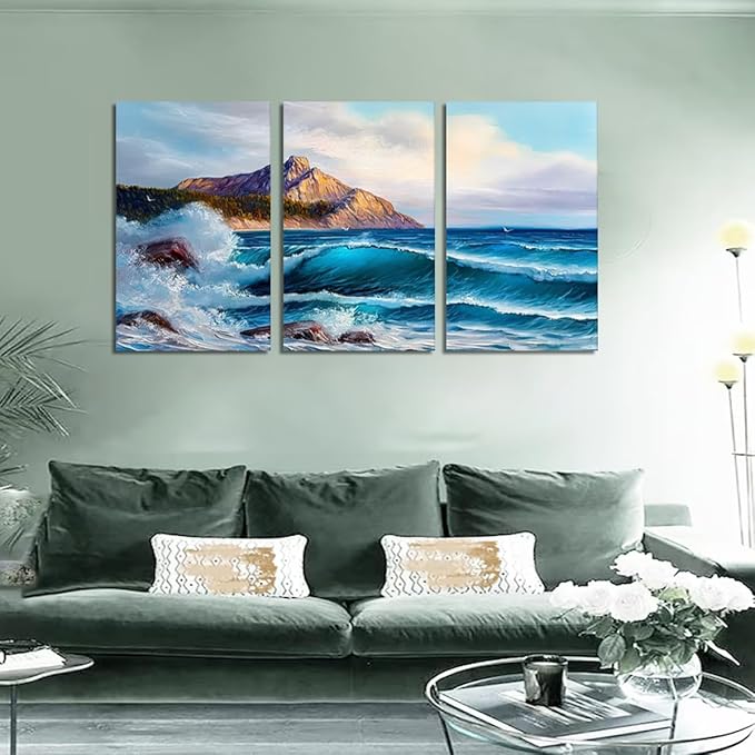 Large Canvas Wall Art for Living Room Blue Ocean Beach Sea Waves Nature Landscape Seascape Painting Modern Minimalist Seascape Coastal Artwork for Bedroom Office Framed - 24x36inchx3Pcs