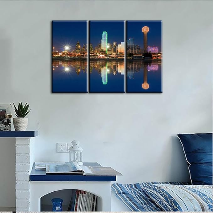 3 Piece Dallas Skyscrapers Reflected in Trinity River at Sunset Giclee Canvas Prints Modern Stretched and Framed Art work Cityscape Pictures Paintings on Canvas Wall Art for Bedroom Home Decorations