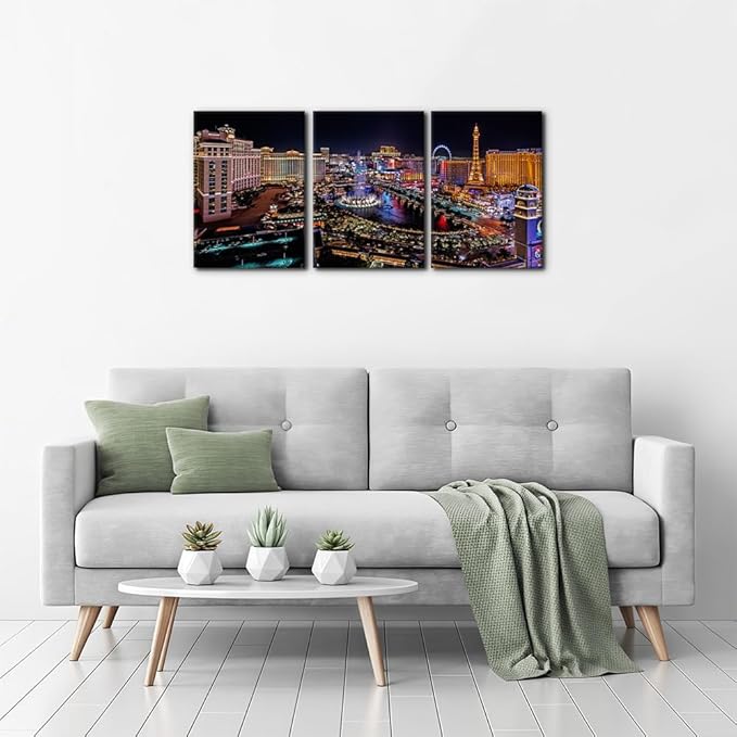 Pacimo Cityscape Canvas Print Wall Art, Las Vegas Strip Night Scene Canvas Art Painting for Living Room Bedroom Office Wall Decor Home Decoration Stretch and Framed Ready to Hang - 12"x16"x3 Panels