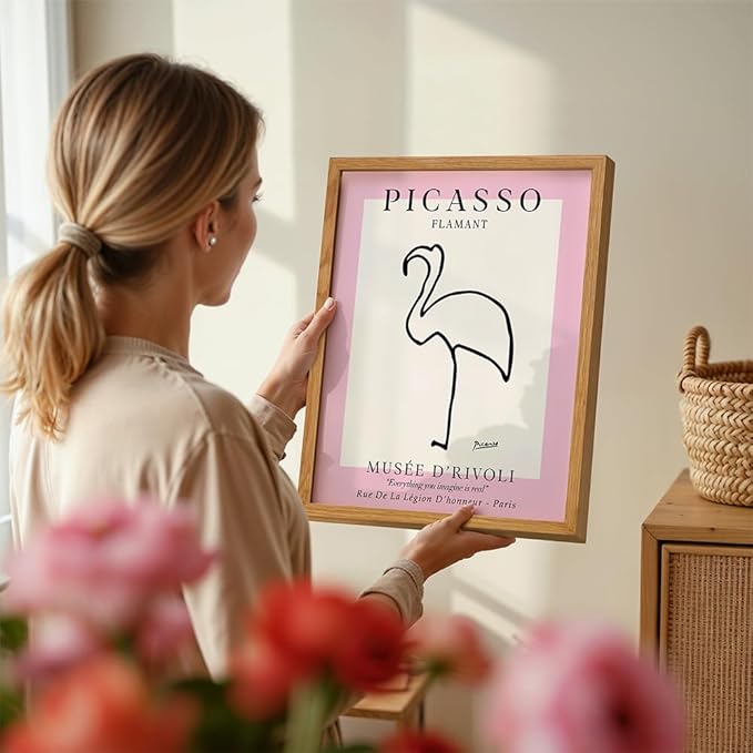 Mid-Century Modern Art 11x14 FRAMED - Minimalist Line Art Wall Decor for Modern Home - Abstract Gallery Wall Print, Tropical Beach House Museum Poster, Contemporary Aesthetic Room Decor, Pink Flamingo