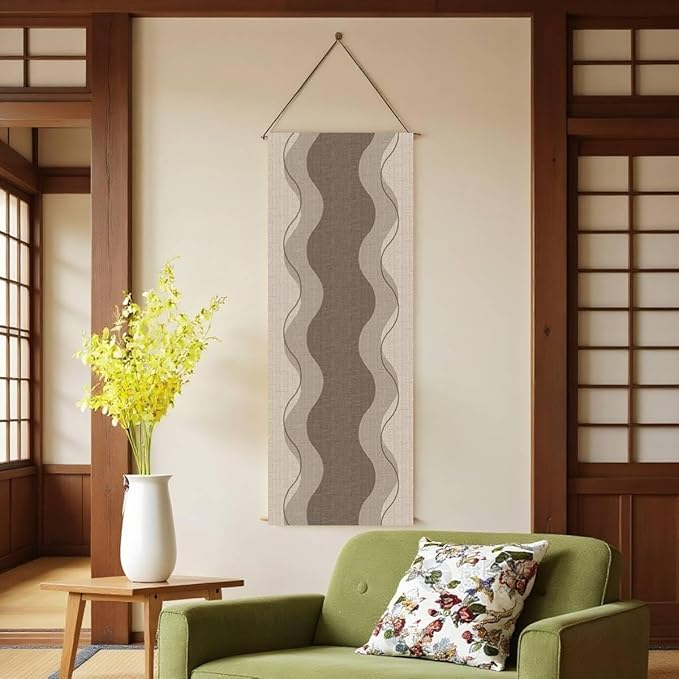 Japanese Tapestry Wall Art Good Fortune Feng Shui Lucky Symbols W15.7xH47.2", Extra Long Vertical Hanging Decor for Bedroom, Livingroom, Office Washable Fabric Zen Design (Vertical wave) CTT-12