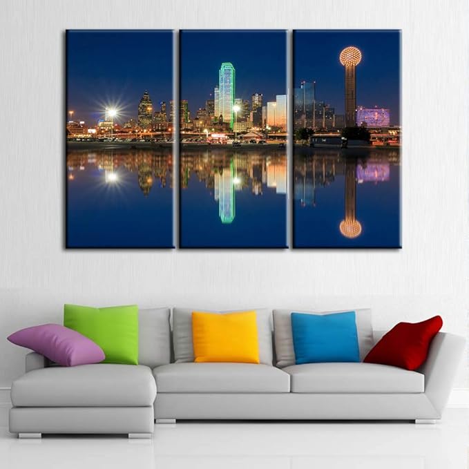 3 Pcs Wall Art Dallas Skyline Reflected in Trinity River at Sunset Canvas Art Paintings For Room Decor Texas Cityscape Skyscrapers Night Scene Picture Prints On Canvas For Home Decor - 40‘’ x 60‘’