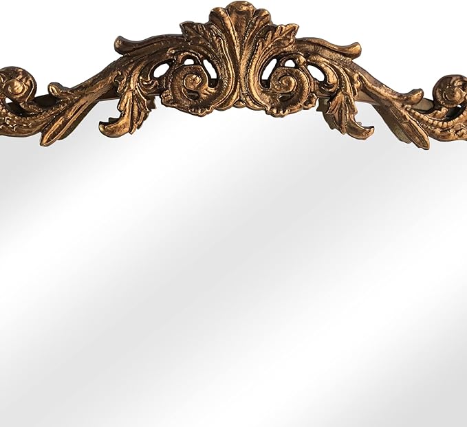 Antique Gold Arched Baroque Mirror 24x36 - Brass Finish Metal Frame, Intricately Carved Vertical Wall Mirror for Entryway, Living Room, Bathroom Vanity & Dining Room