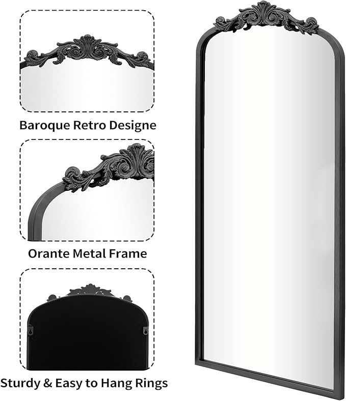 AIXI HOME Arched Black Antique Full Length Wall Mirror 22"x65", Arendahl Elegant Floor Vintage Mirror with Ornate Matel Frame, Baroque Inspired Home Decor for Bedroom/Living Room/Hallway