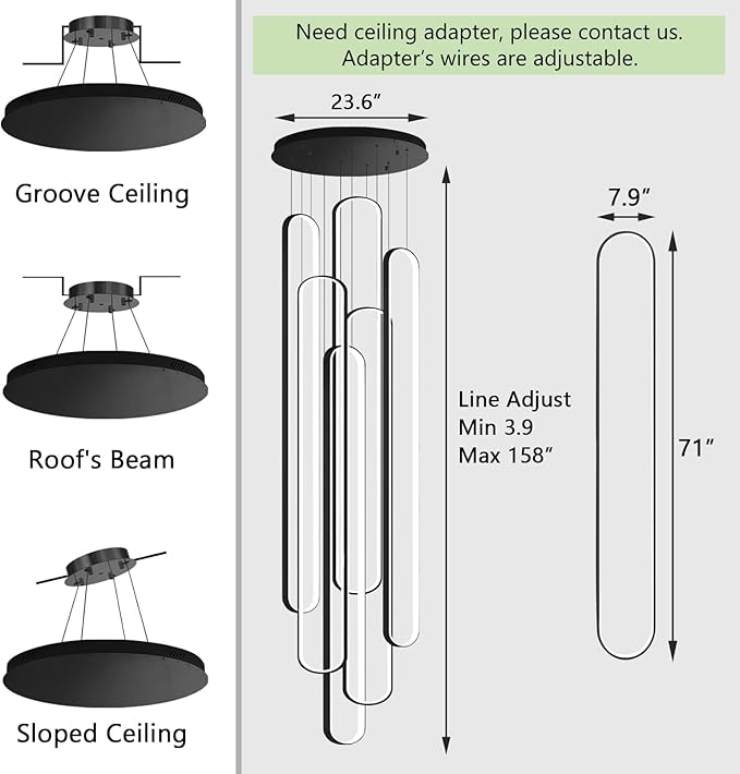 6 Rings Modern Large Chandelier for Staircase High Ceiling Chandelier LED Dimmable Black Chandeliers for Foyer Living Room Villa Black