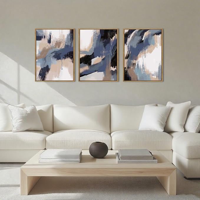 BINCUE Blue Neutral Wall Art Modern Abstract Artwork for Living Room Bedroom Office 12" Lx16 W Set of 3